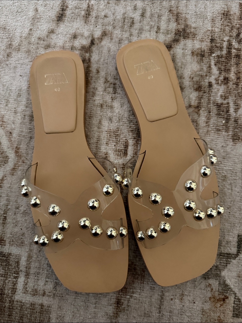 Zara Nude Footbed Clear Strap Sandals with Gold Studs